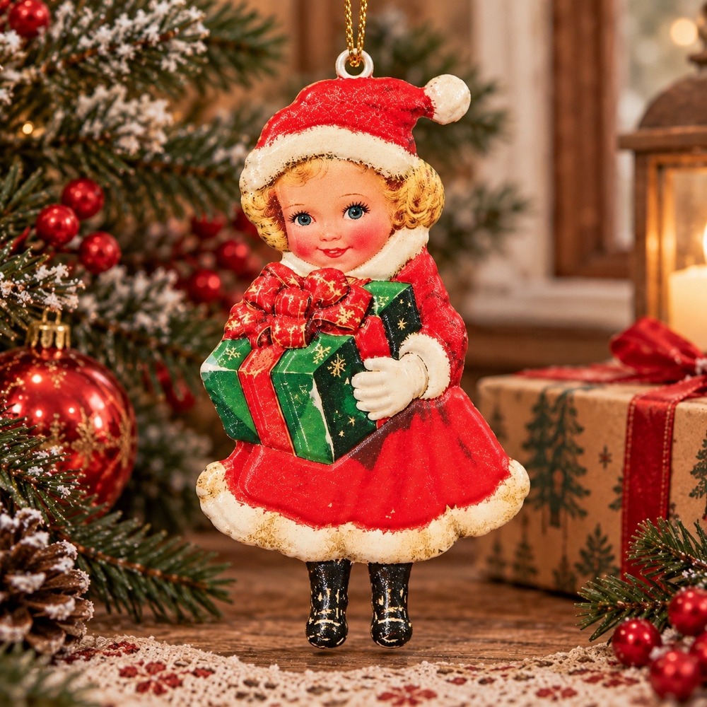 Holiday Time Metal Girl Ornament OS Red Green Metal Excellent Vintage Aesthetic